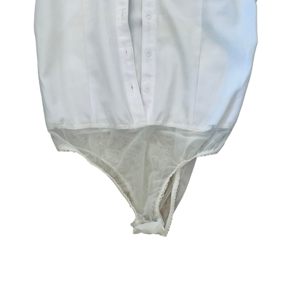 White XS bodysuit office fitted shirt short puff sleeve button down snap bottom - Picture 6 of 7